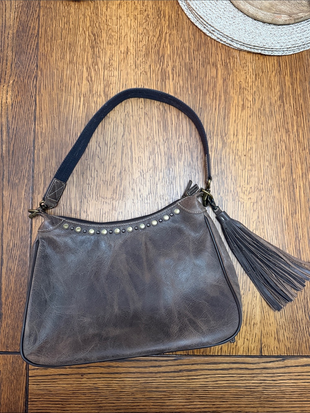 Brown Leather Studded CC Shoulder Bag with Tassel